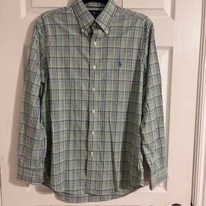 Ralph Lauren Performance Button Down Shirt Plaid Green Blue Mens‎ Small